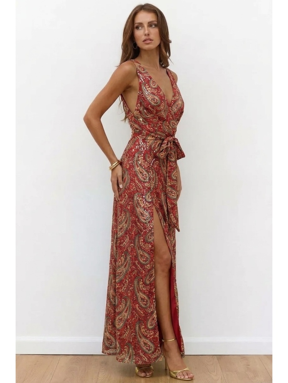 Chetta B Y2K Hand-Beaded 100% Silk Paisley Maxi Gown Size 8 sequins beads